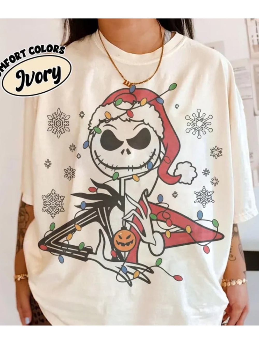 Comfort Funny Jack Ghost Graphic Tee - Festive Lights Design